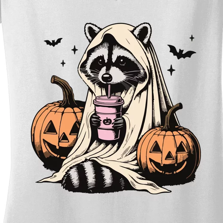 Cute Ghost Pumpkin Halloween Raccoon Costume Raccoon Lovers Women's V-Neck T-Shirt