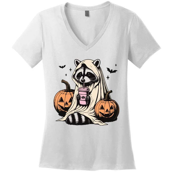 Cute Ghost Pumpkin Halloween Raccoon Costume Raccoon Lovers Women's V-Neck T-Shirt