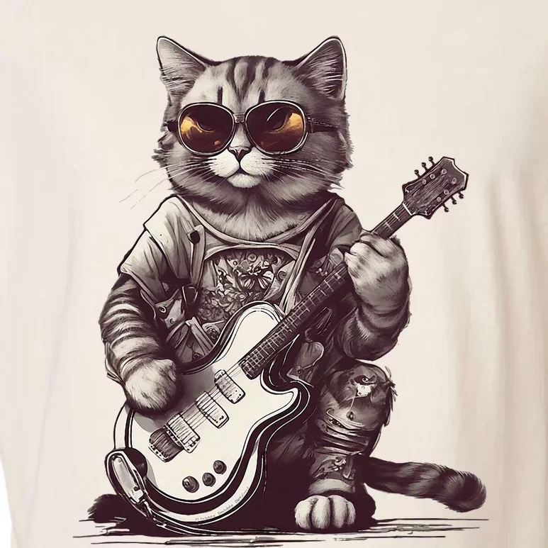 Cool Guitar Playing Cat with Glasses Band Rock Guitar Garment-Dyed Women's Muscle Tee