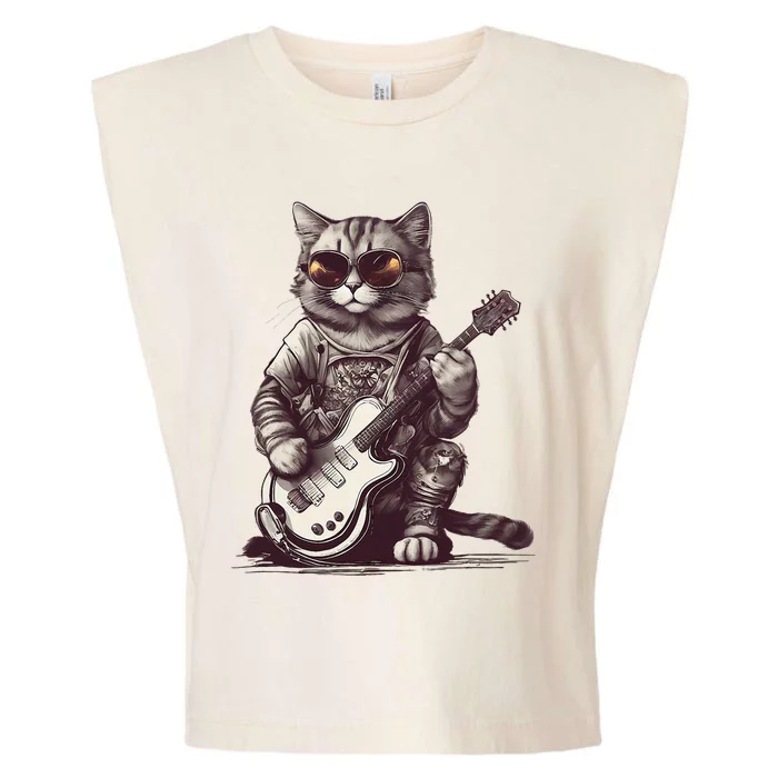 Cool Guitar Playing Cat with Glasses Band Rock Guitar Garment-Dyed Women's Muscle Tee