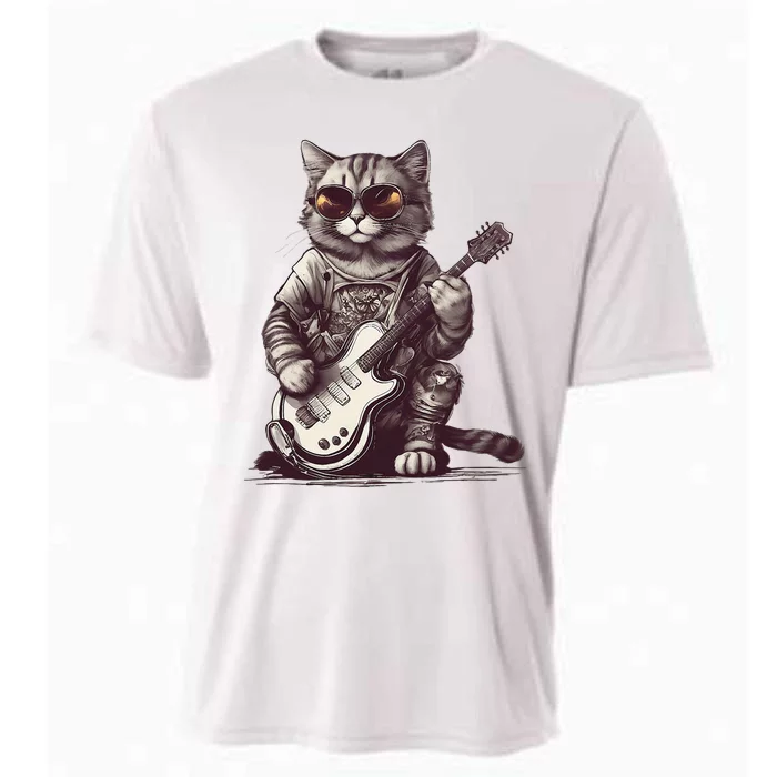 Cool Guitar Playing Cat with Glasses Band Rock Guitar Cooling Performance Crew T-Shirt