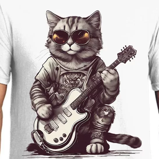 Cool Guitar Playing Cat with Glasses Band Rock Guitar Pajama Set