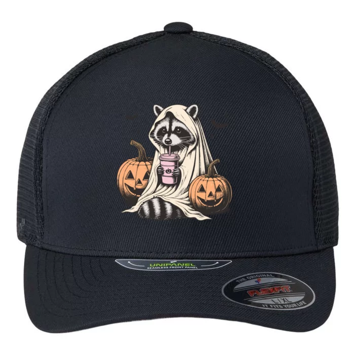 Cute Ghost Pumpkin Halloween Raccoon Costume Raccoon Lovers Flexfit Unipanel Trucker Cap