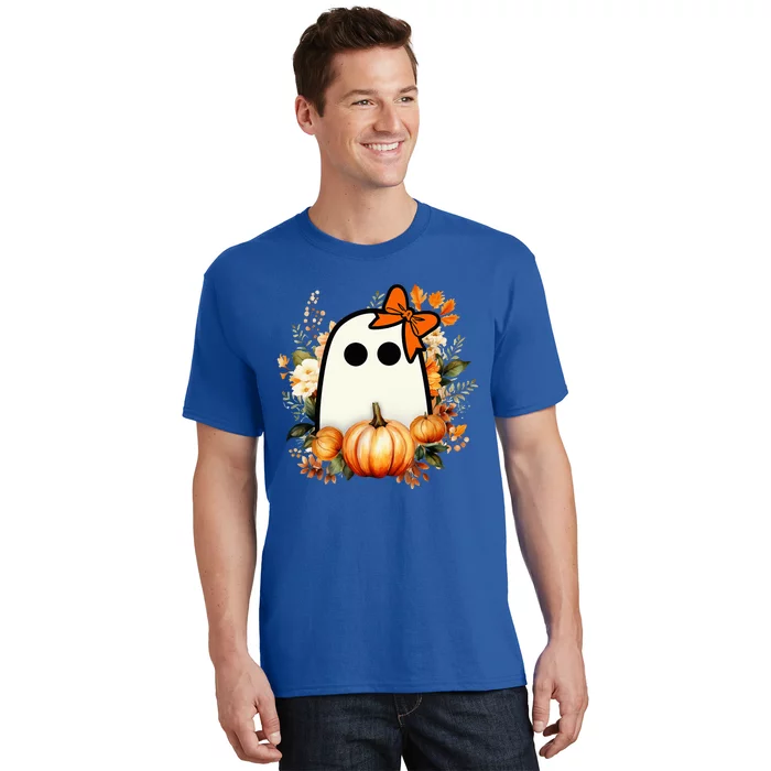 Cute Ghost Pumpkin Floral Groovy Halloween Ghost Fall Season T-Shirt