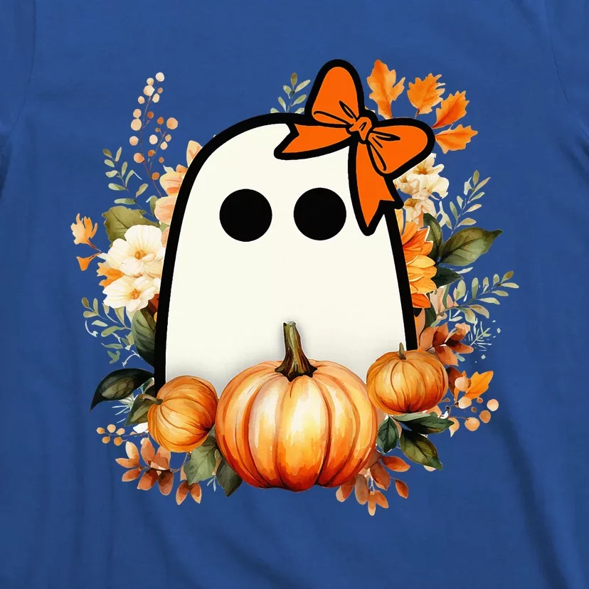 Cute Ghost Pumpkin Floral Groovy Halloween Ghost Fall Season T-Shirt