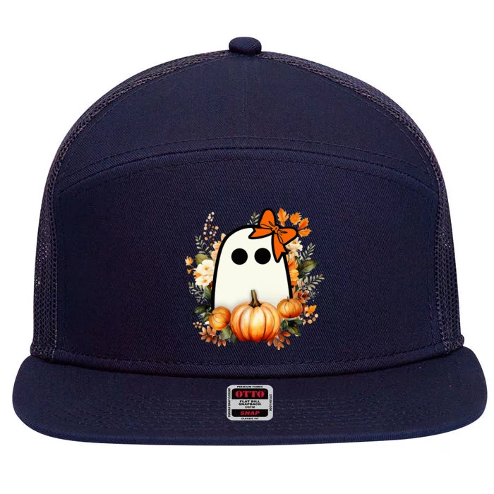 Cute Ghost Pumpkin Floral Groovy Halloween Ghost Fall Season 7 Panel Mesh Trucker Snapback Hat