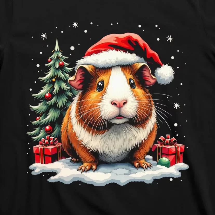 Cute Guinea Pig With Santa Hat And Snow Holiday Christmas T-Shirt