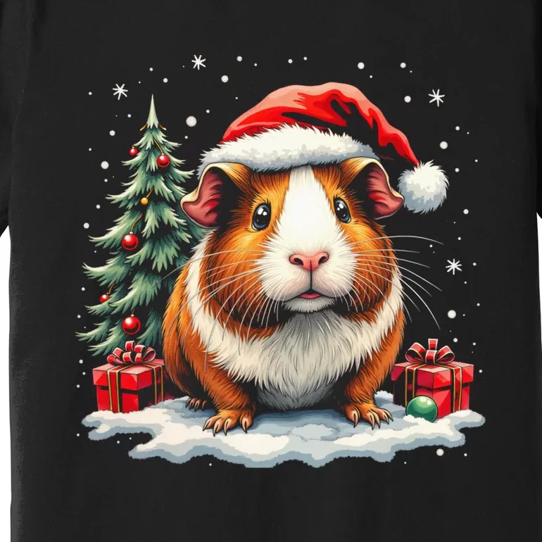 Cute Guinea Pig With Santa Hat And Snow Holiday Christmas Premium T-Shirt