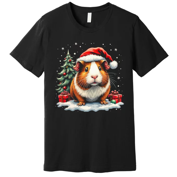 Cute Guinea Pig With Santa Hat And Snow Holiday Christmas Premium T-Shirt