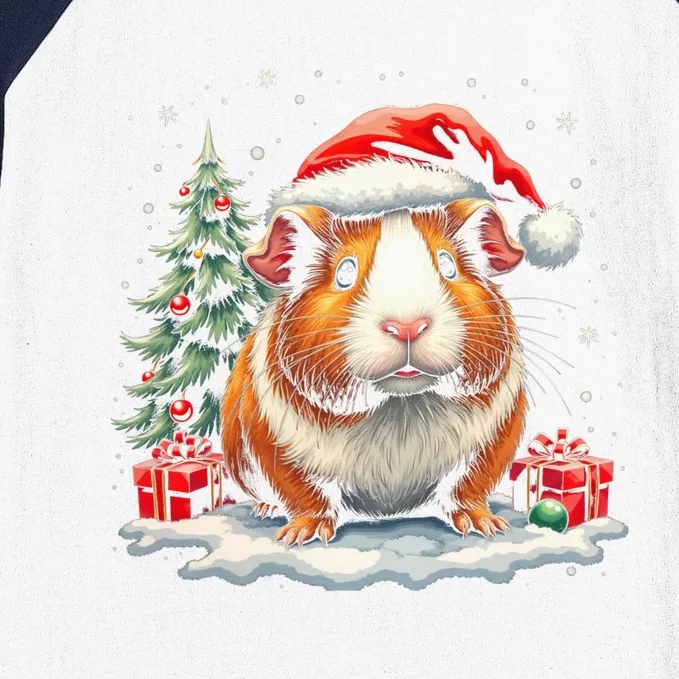 Cute Guinea Pig With Santa Hat And Snow Holiday Christmas Baseball Sleeve Shirt