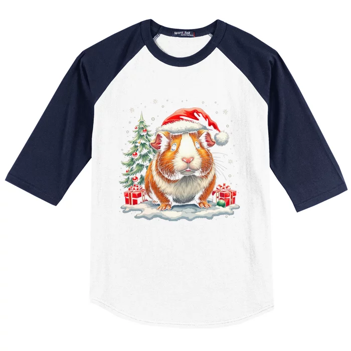 Cute Guinea Pig With Santa Hat And Snow Holiday Christmas Baseball Sleeve Shirt