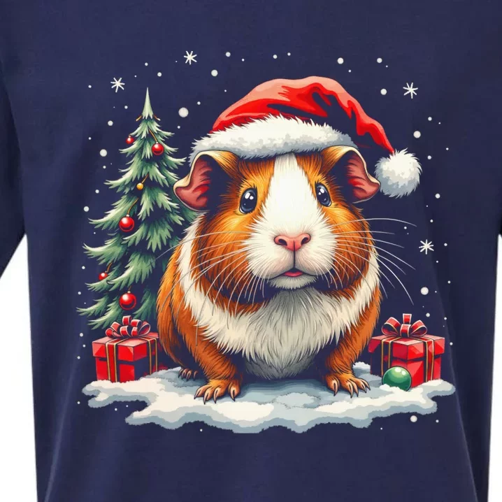 Cute Guinea Pig With Santa Hat And Snow Holiday Christmas Sueded Cloud Jersey T-Shirt