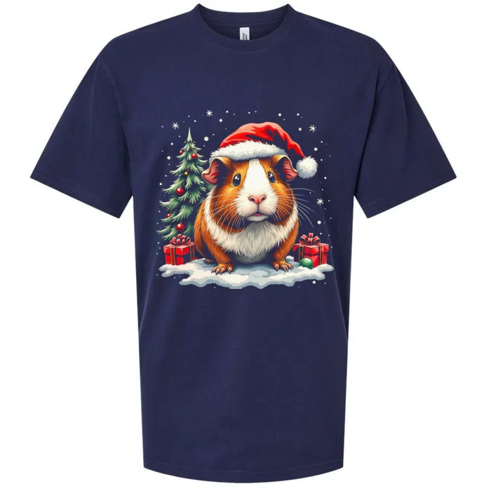 Cute Guinea Pig With Santa Hat And Snow Holiday Christmas Sueded Cloud Jersey T-Shirt