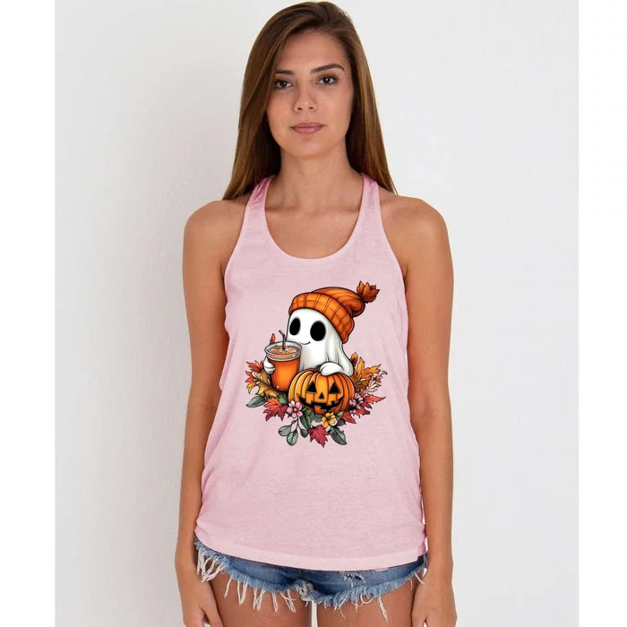 Cute Ghost Pumpkin Spice Latte Fall Halloween Ghost Meaningful Gift Women's Knotted Racerback Tank