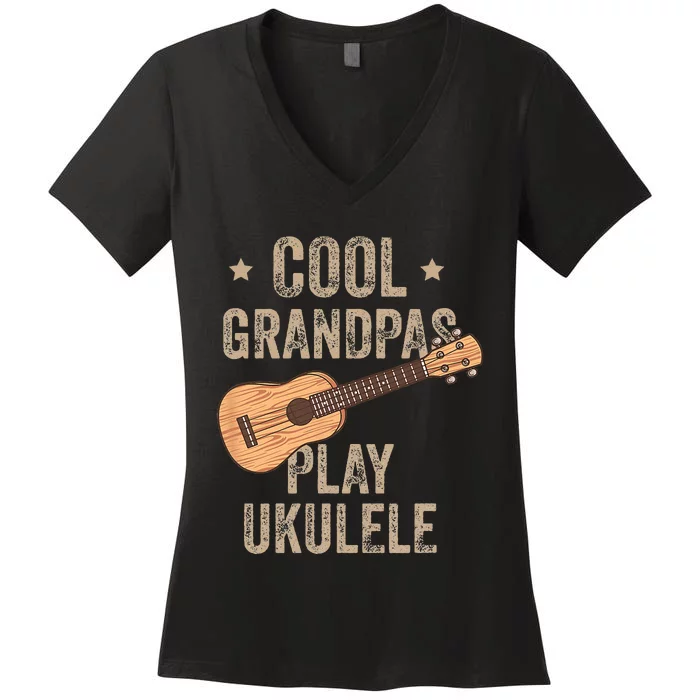 Cool Grandpas Play Ukulele Ukulele Music Guitar Women's V-Neck T-Shirt