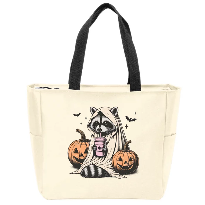 Cute Ghost Pumpkin Halloween Raccoon Costume Raccoon Lovers Zip Tote Bag