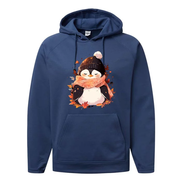 Cute Gift Penguin Autumn Fall Leaves Thanksgiving Performance Fleece Hoodie