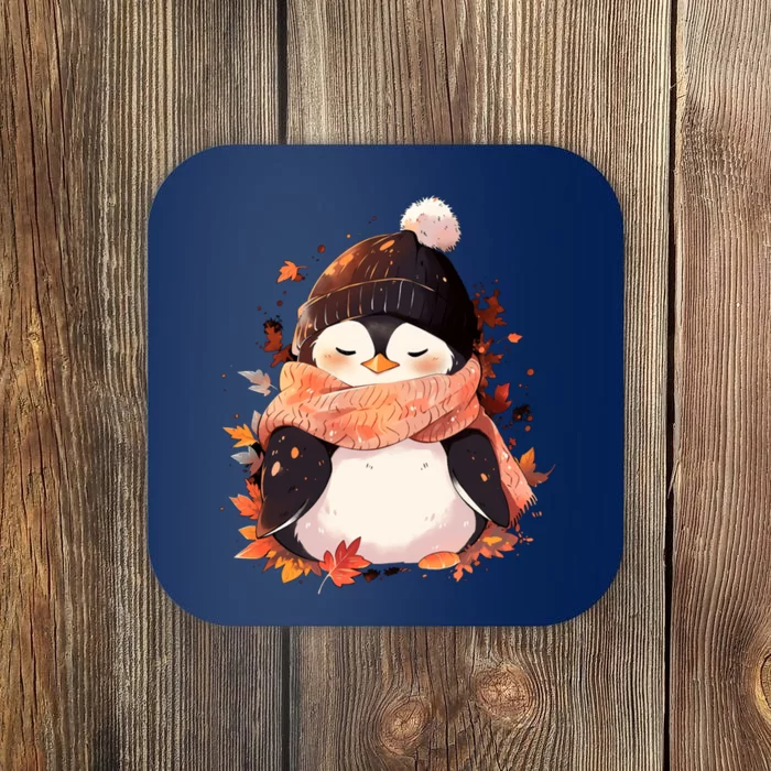 Cute Gift Penguin Autumn Fall Leaves Thanksgiving Coaster