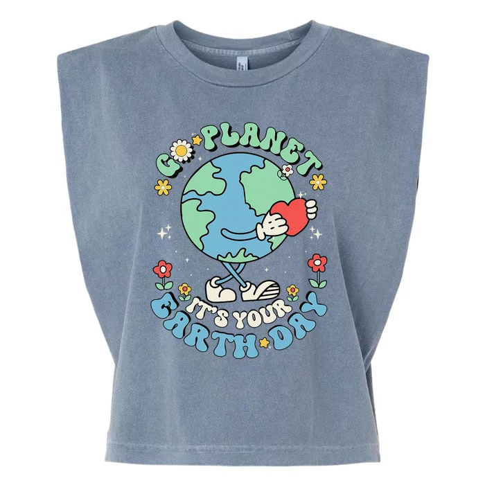 Cute Go Planet Its Your Earth Day 2024 Teacher Groovy Garment-Dyed Women's Muscle Tee