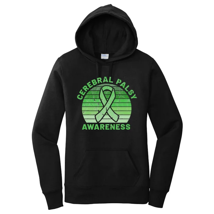 CP Green Ribbon Retro Sunset Cerebral Palsy Awareness Women's Pullover Hoodie