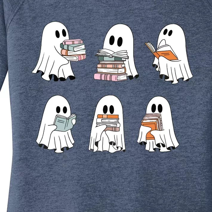 Cute Ghost Reading Librarian Teacher Halloween Book Lover Women's Perfect Tri Tunic Long Sleeve Shirt