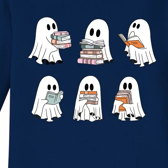 Cute Ghost Reading Librarian Teacher Halloween Book Lover Baby Long Sleeve Bodysuit