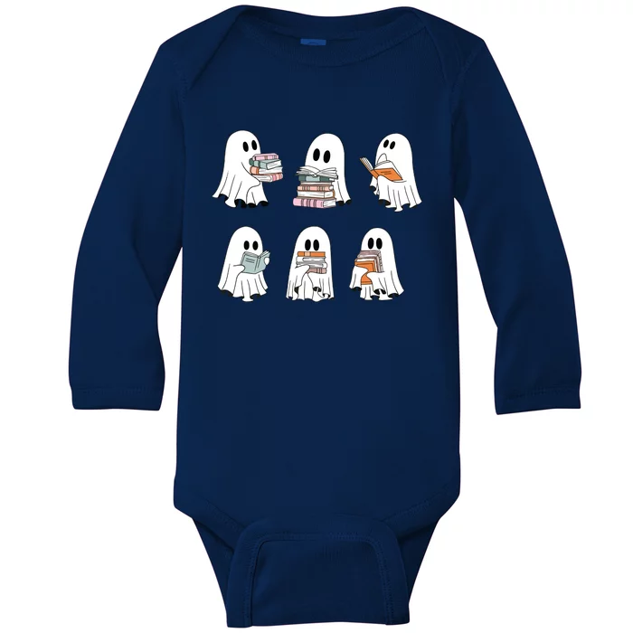 Cute Ghost Reading Librarian Teacher Halloween Book Lover Baby Long Sleeve Bodysuit