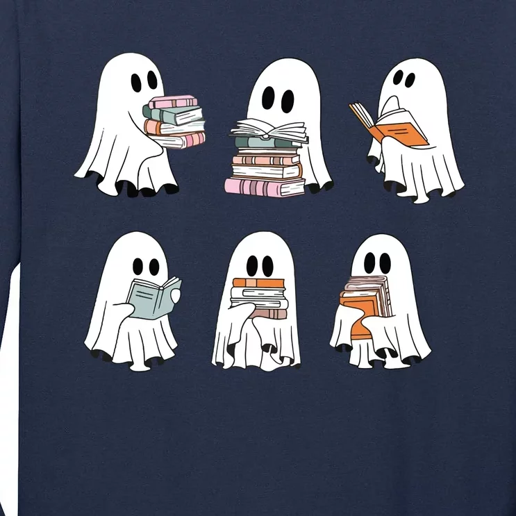 Cute Ghost Reading Librarian Teacher Halloween Book Lover Tall Long Sleeve T-Shirt