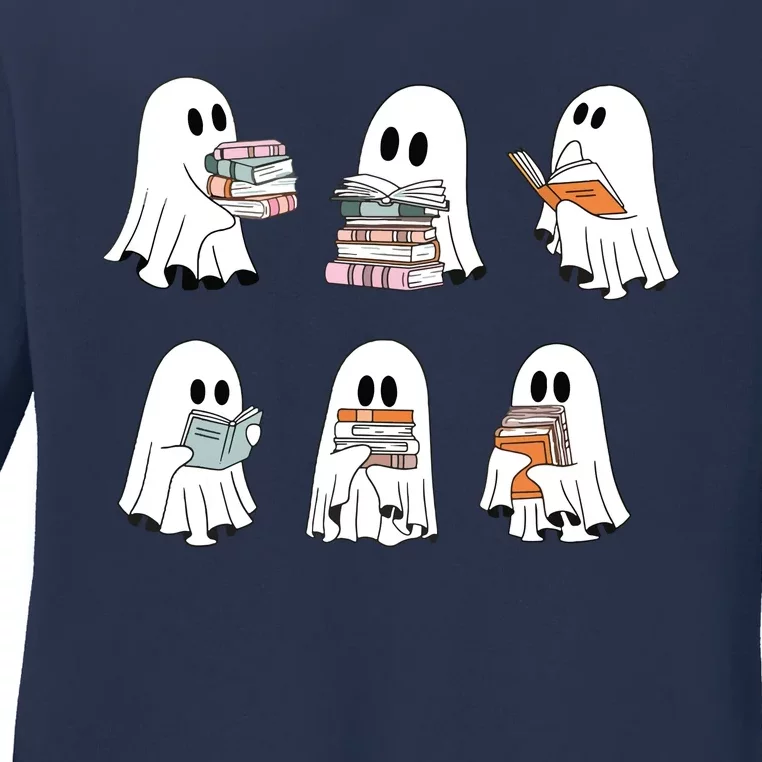 Cute Ghost Reading Librarian Teacher Halloween Book Lover Ladies Long Sleeve Shirt