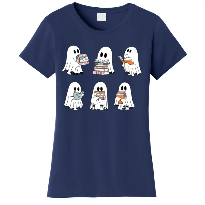 Cute Ghost Reading Librarian Teacher Halloween Book Lover Women's T-Shirt