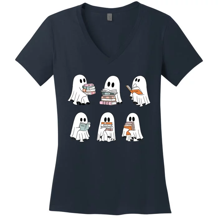 Cute Ghost Reading Librarian Teacher Halloween Book Lover Women's V-Neck T-Shirt