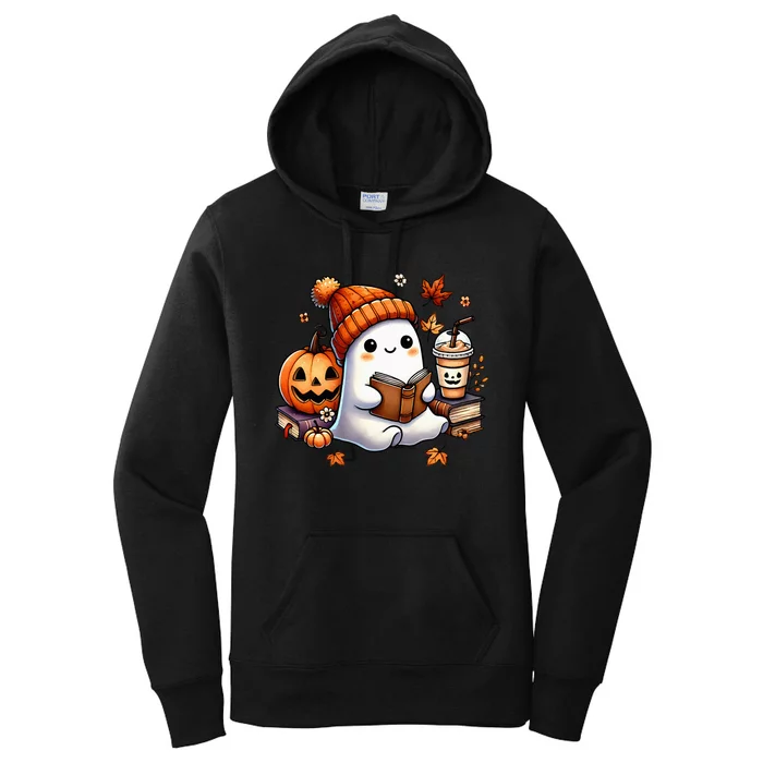 Cute Ghost Reading Book Lovers Halloween Ghost Coffee Women Women's Pullover Hoodie