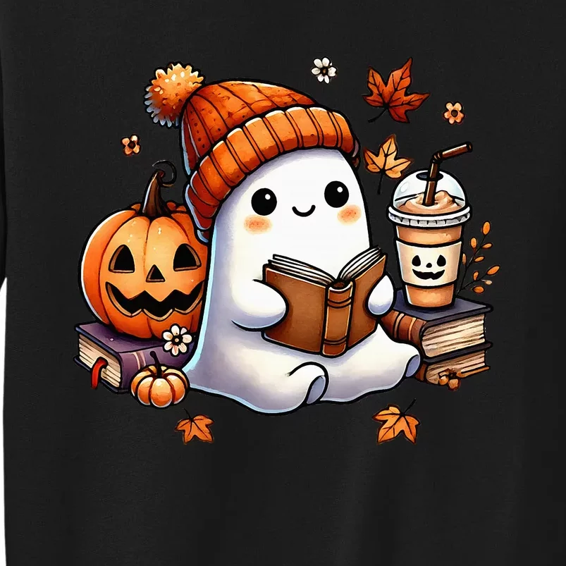 Cute Ghost Reading Book Lovers Halloween Ghost Coffee Women Tall Sweatshirt