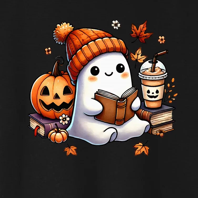 Cute Ghost Reading Book Lovers Halloween Ghost Coffee Women Women's Crop Top Tee