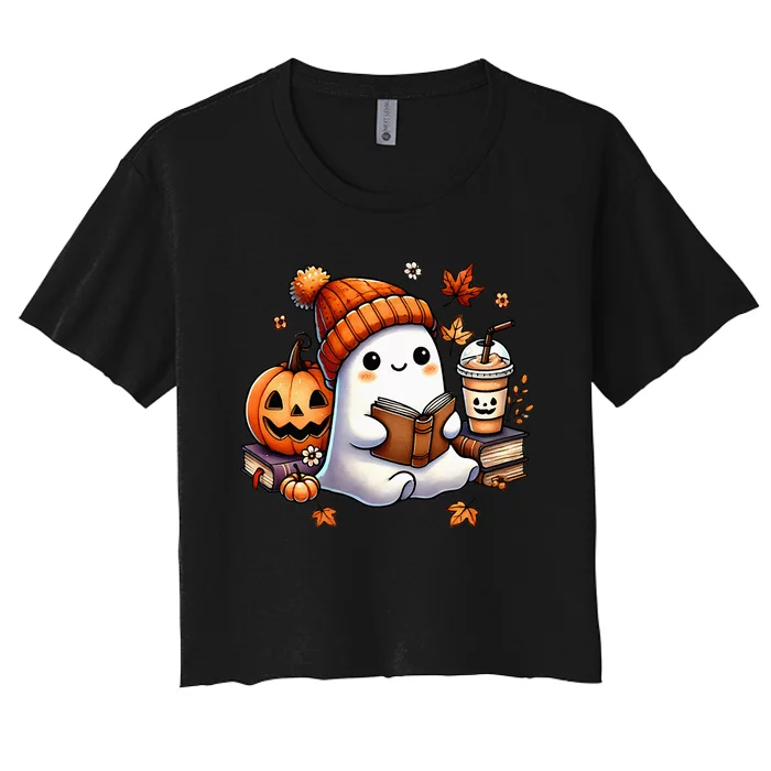 Cute Ghost Reading Book Lovers Halloween Ghost Coffee Women Women's Crop Top Tee