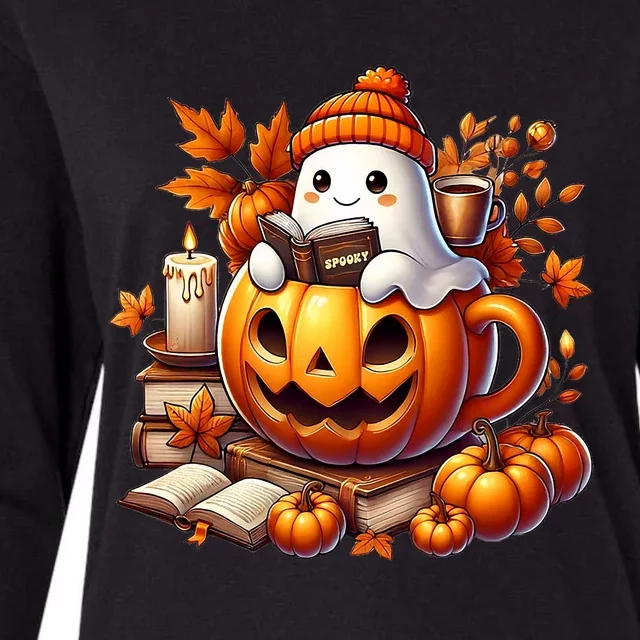 Cute Ghost Reading Book Lovers Halloween Autumn Ghost Coffee Womens Cotton Relaxed Long Sleeve T-Shirt