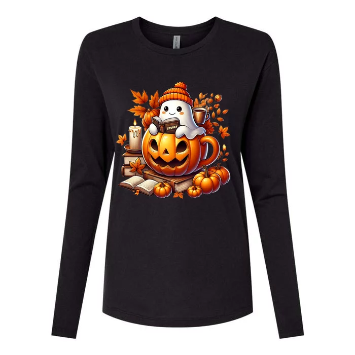 Cute Ghost Reading Book Lovers Halloween Autumn Ghost Coffee Womens Cotton Relaxed Long Sleeve T-Shirt