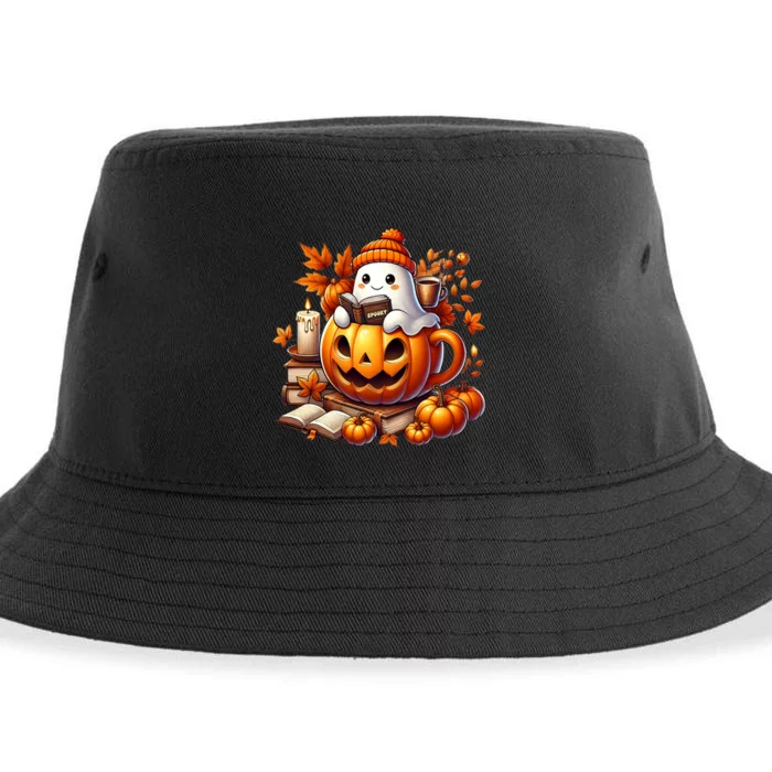 Cute Ghost Reading Book Lovers Halloween Autumn Ghost Coffee Sustainable Bucket Hat