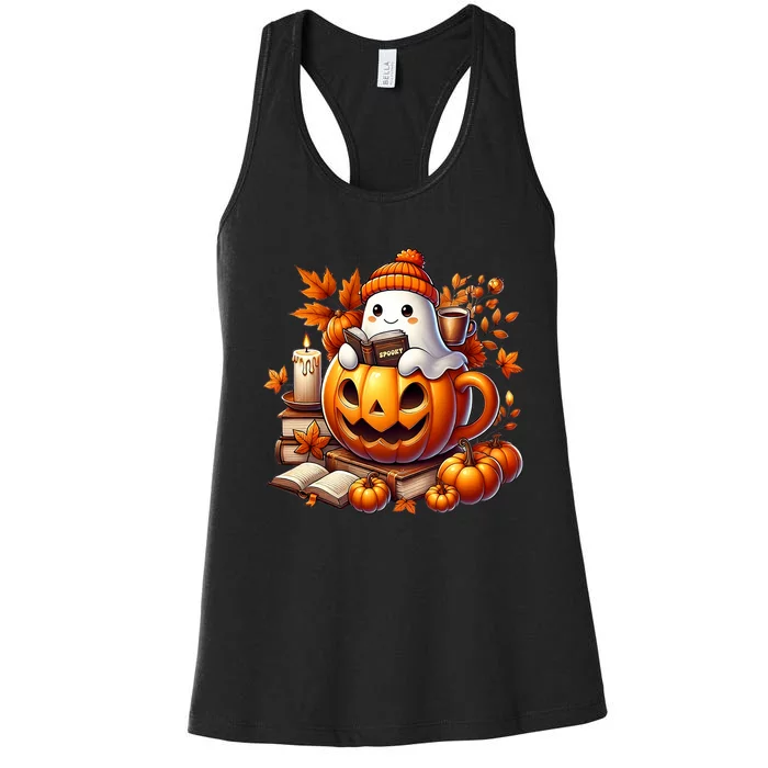 Cute Ghost Reading Book Lovers Halloween Autumn Ghost Coffee Women's Racerback Tank