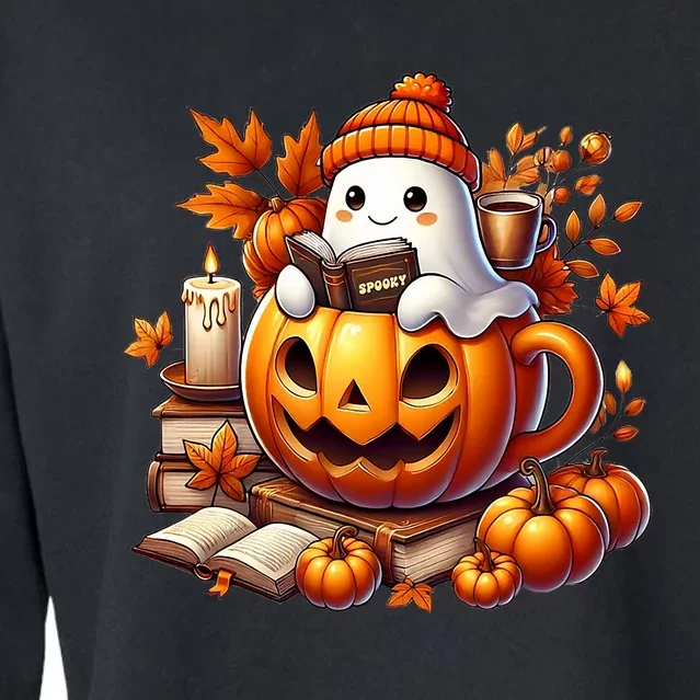 Cute Ghost Reading Book Lovers Halloween Autumn Ghost Coffee Cropped Pullover Crew