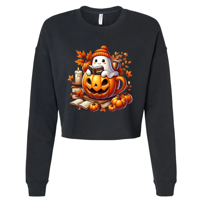 Cute Ghost Reading Book Lovers Halloween Autumn Ghost Coffee Cropped Pullover Crew