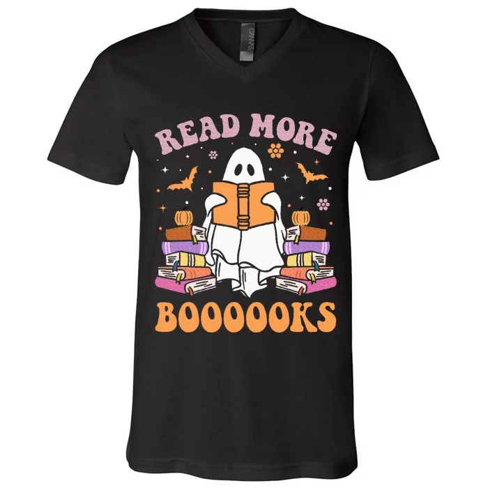 Cute Ghost Read More Books Funny Halloween Teacher V-Neck T-Shirt