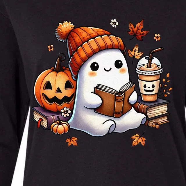 Cute Ghost Reading Book Lovers Halloween Ghost Coffee Women Gift Womens Cotton Relaxed Long Sleeve T-Shirt