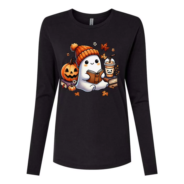 Cute Ghost Reading Book Lovers Halloween Ghost Coffee Women Gift Womens Cotton Relaxed Long Sleeve T-Shirt