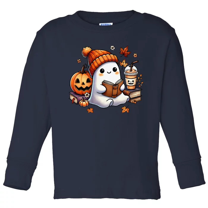 Cute Ghost Reading Book Lovers Halloween Ghost Coffee Women Gift Toddler Long Sleeve Shirt