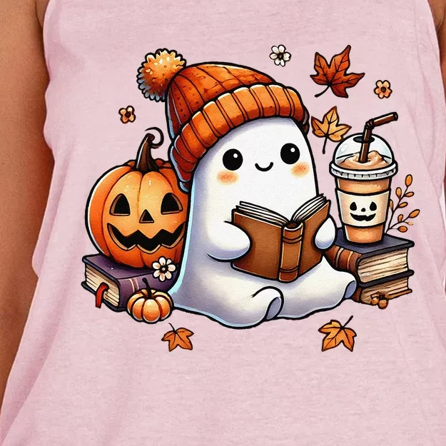 Cute Ghost Reading Book Lovers Halloween Ghost Coffee Women Gift Women's Knotted Racerback Tank