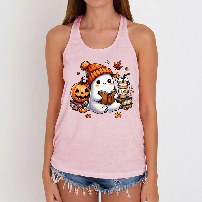 Cute Ghost Reading Book Lovers Halloween Ghost Coffee Women Gift Women's Knotted Racerback Tank