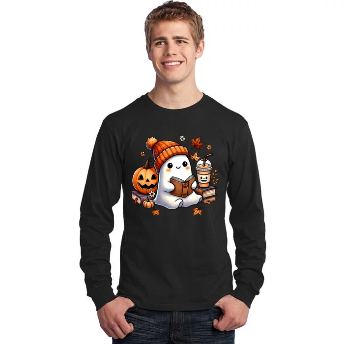 Cute Ghost Reading Book Lovers Halloween Ghost Coffee Women Tall Long Sleeve T-Shirt