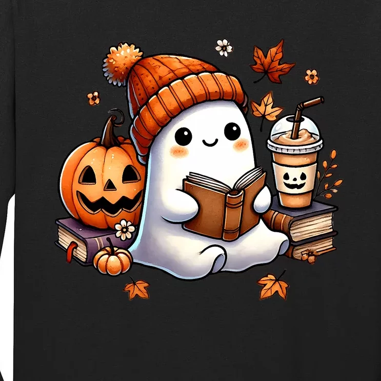 Cute Ghost Reading Book Lovers Halloween Ghost Coffee Women Tall Long Sleeve T-Shirt