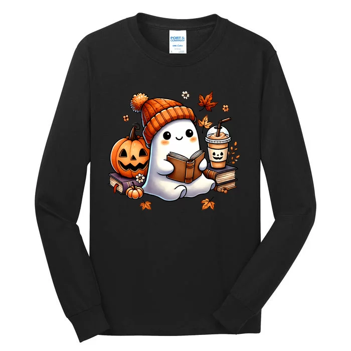 Cute Ghost Reading Book Lovers Halloween Ghost Coffee Women Tall Long Sleeve T-Shirt